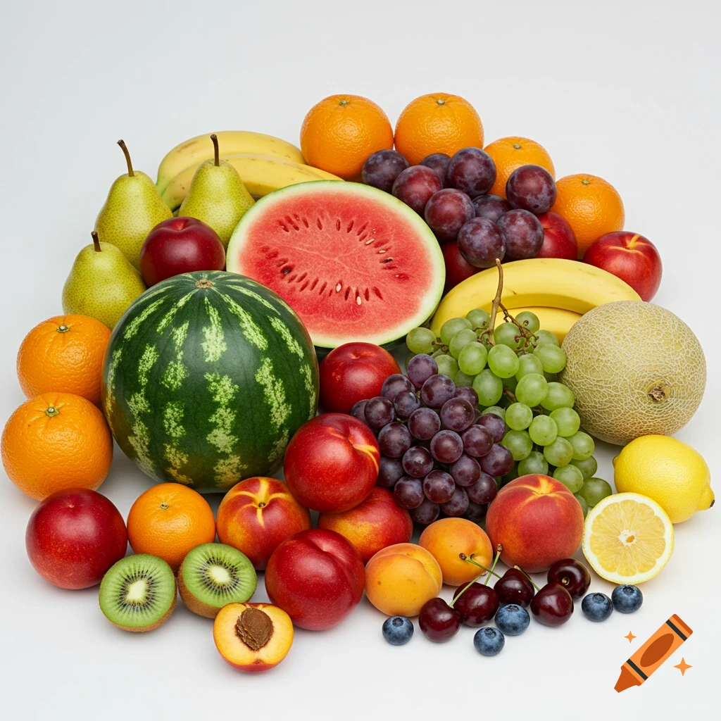 A high-quality studio photo of a large pile of various fresh fruits including watermelon, pears, oranges, grapes, bananas, and peaches on a white background.
