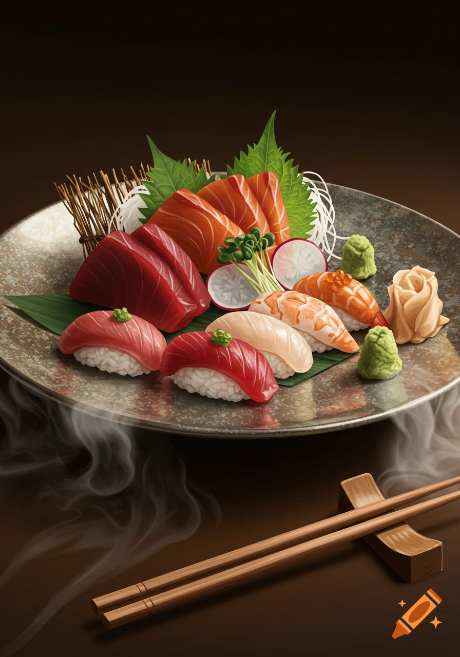 A platter of fresh sushi and sashimi, including tuna, salmon, and shrimp nigiri, with ginger and wasabi, beside chopsticks.