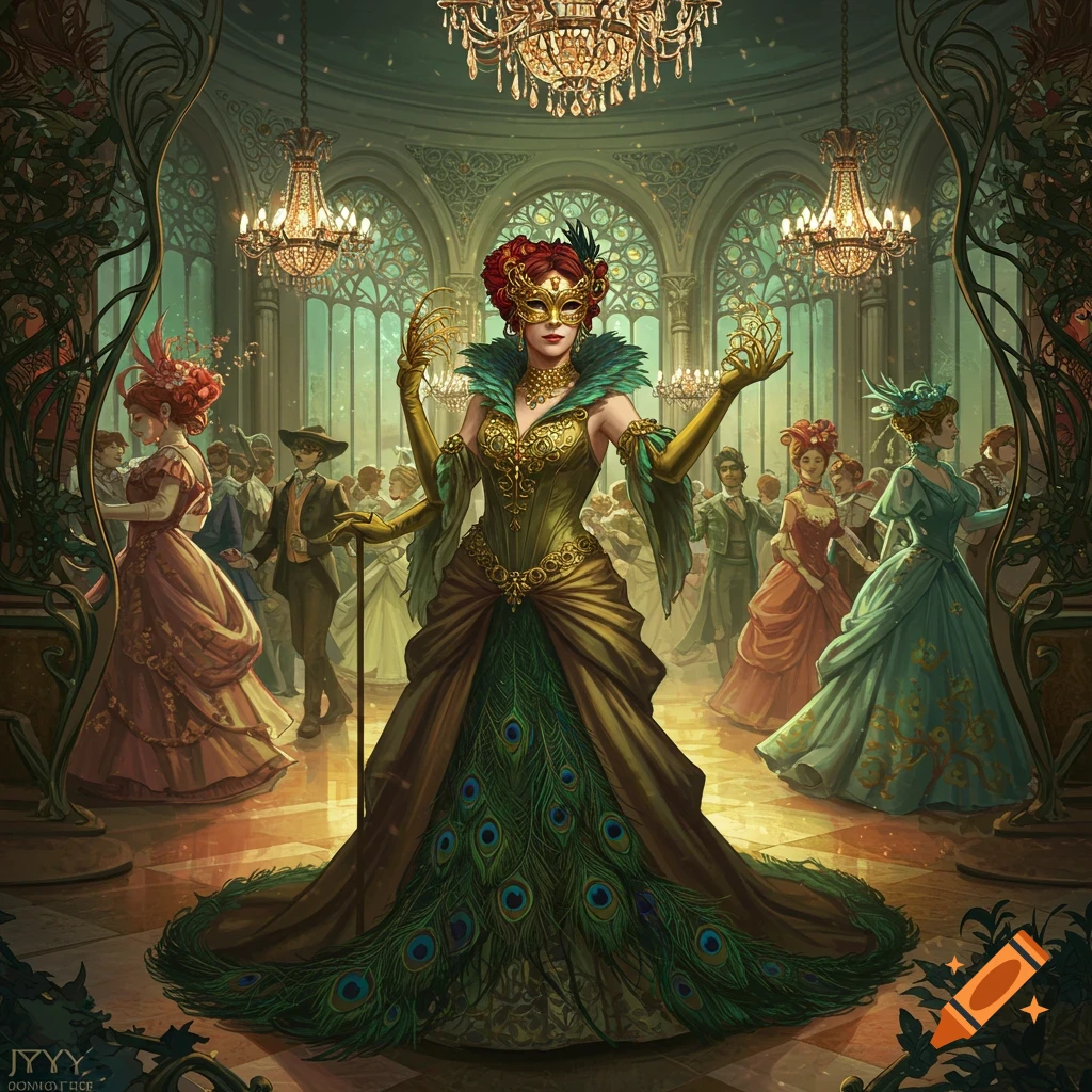 A woman in a gold and peacock feather gown with a golden mask and gloves poses at an elegant Art Nouveau costume ball.