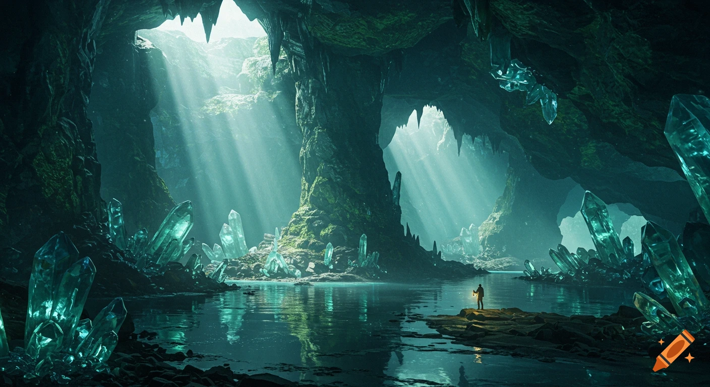 A tiny figure with a lantern explores a vast, mysterious crystal cave with a subterranean lake, bathed in light rays.