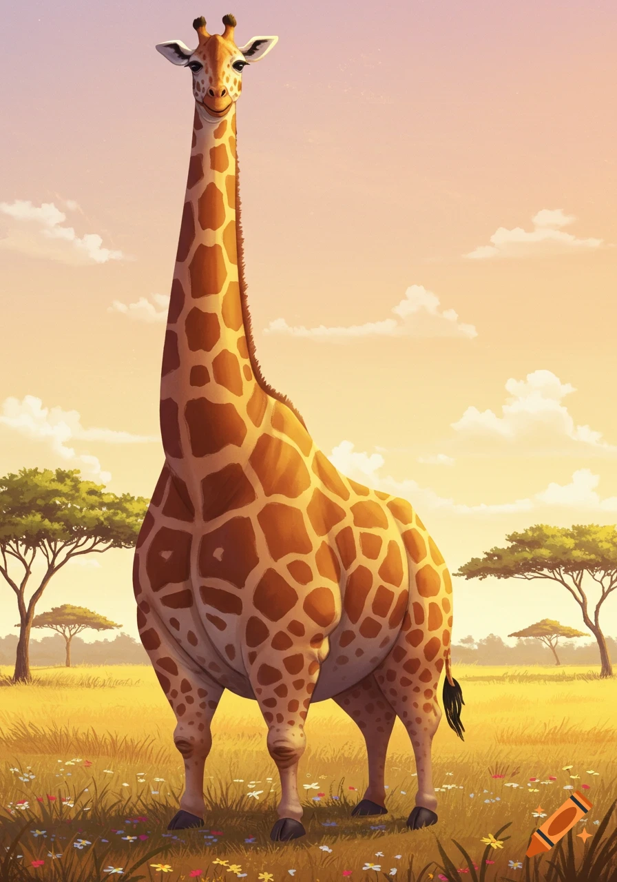 A friendly, cartoonish fat giraffe stands tall in a sunny savanna landscape.