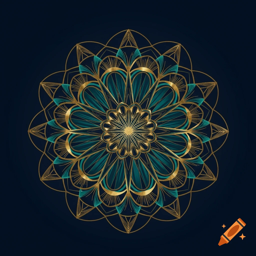 An intricate gold and teal Art Deco mandala pattern on a dark blue background.