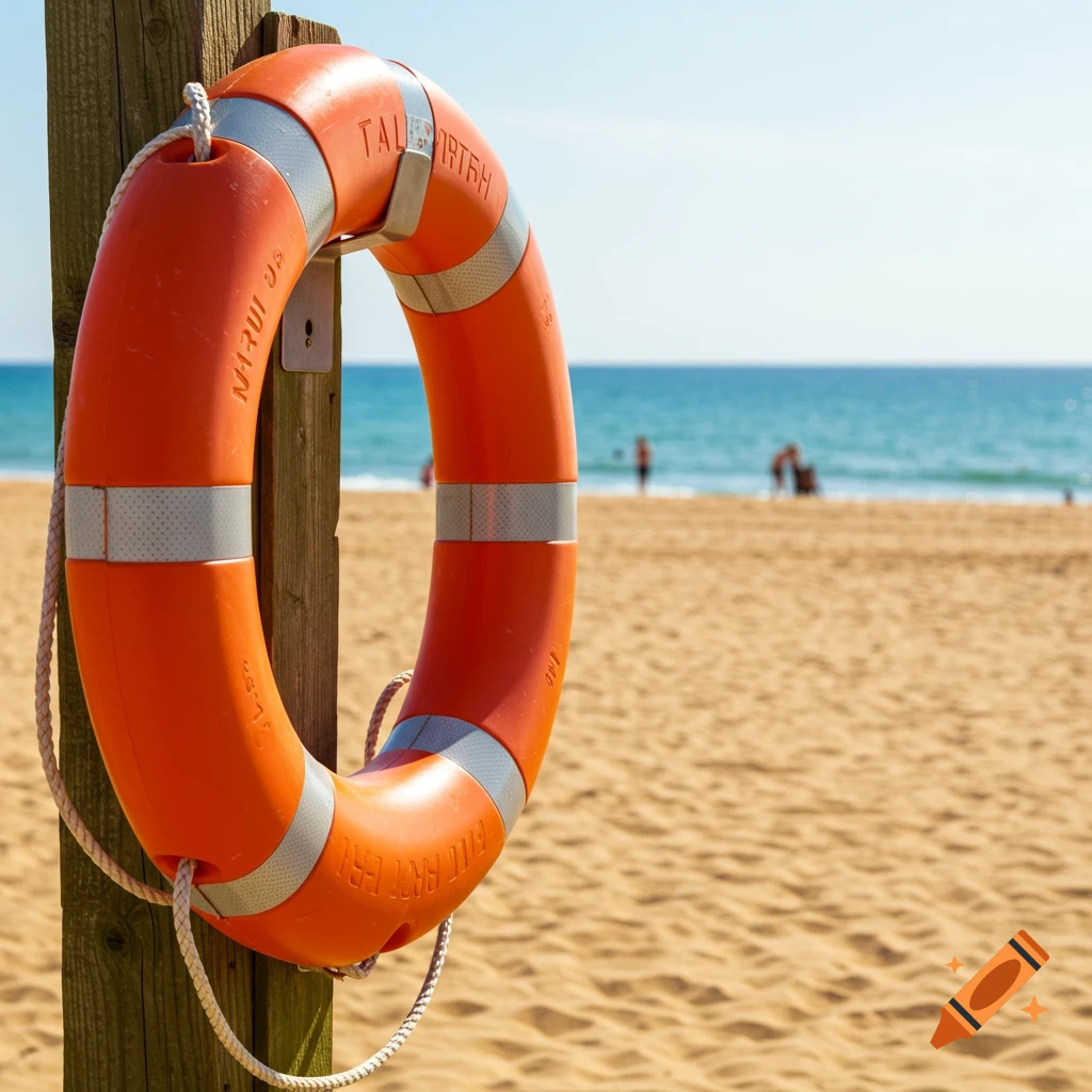 An orange and white lifebuoy hangs on a wooden post on a sunny sandy beach with the ocean in the background.
