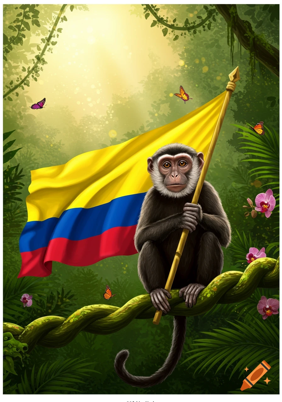 Stylized illustration of a monkey sitting on a jungle vine, holding a waving Colombian flag with butterflies and orchids.