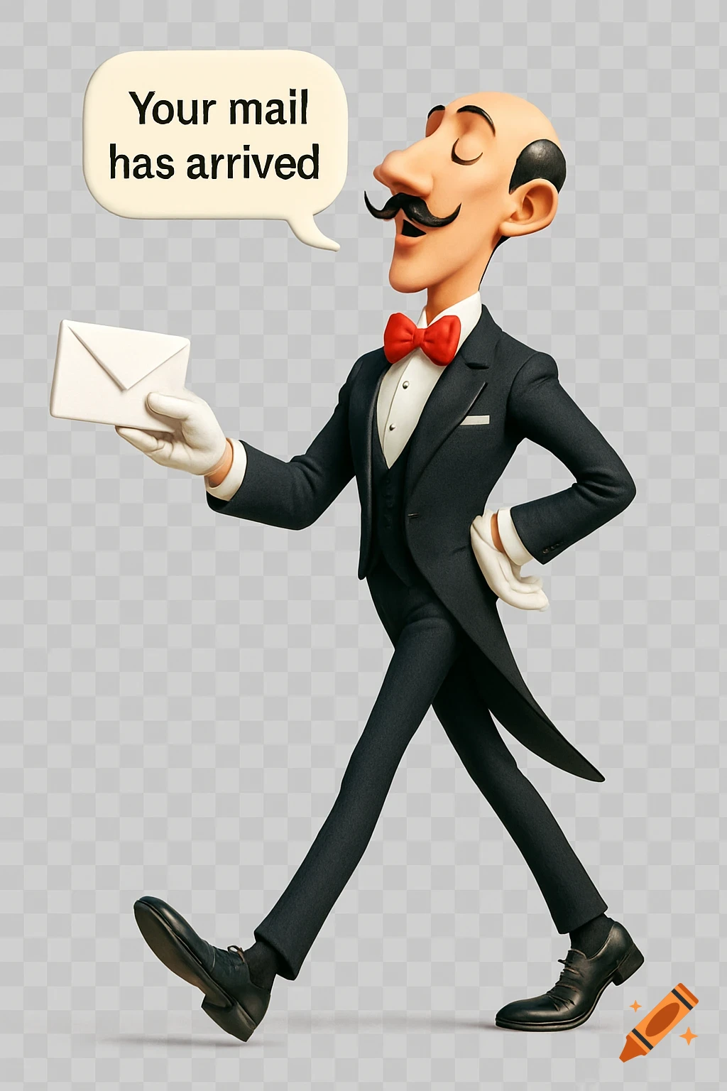 A tall, slender 3D cartoon butler in a black tuxedo and red bow tie, holding a white envelope and saying 'Your mail has arrived'.