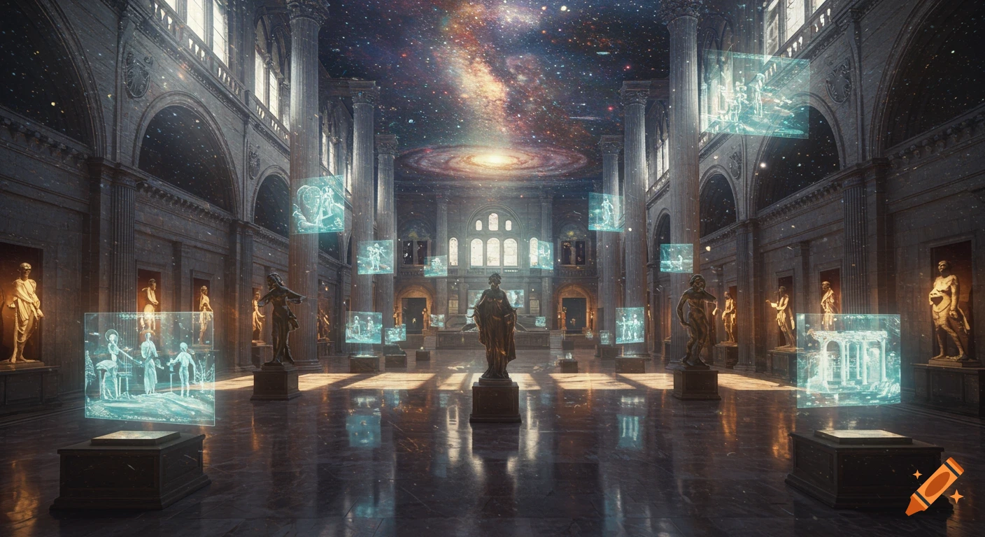 Grand museum hall with classical statues, glowing holographic displays, and a vast galaxy ceiling, in a surreal style.