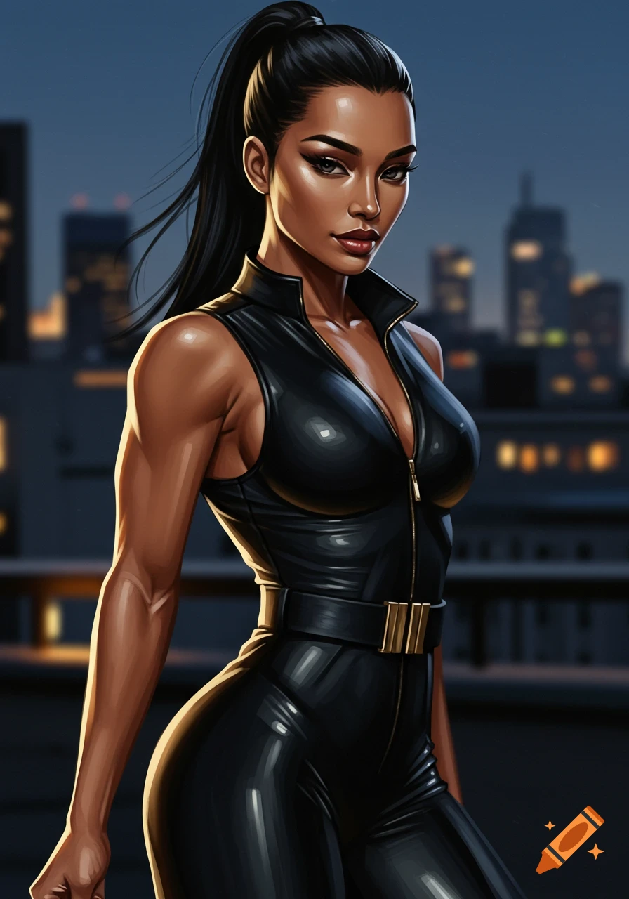 A stylized illustration of a dark-skinned woman with a ponytail, wearing a black leather jumpsuit and gold belt, against a city skyline at dusk.