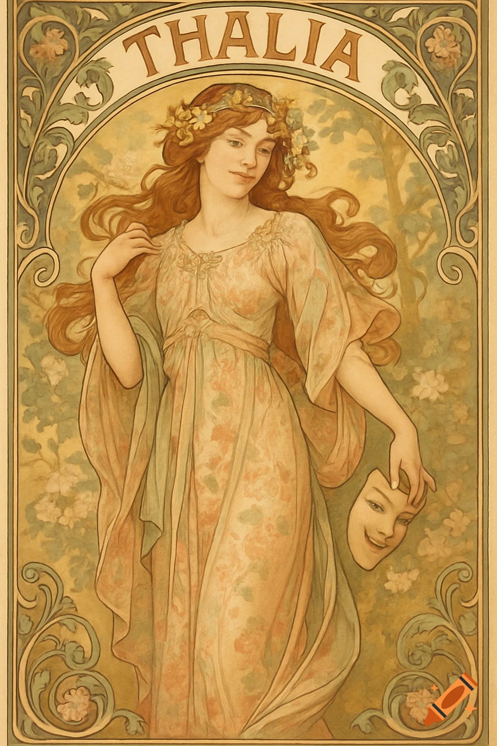An Art Nouveau poster of Thalia, a woman with long red hair in a floral dress and flower crown, holding a comedic mask.