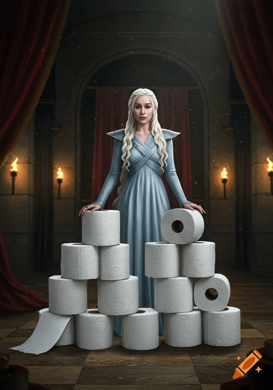 Daenerys Targaryen in a blue dress stands in a castle hall behind a pyramid of toilet paper, photorealistic style.