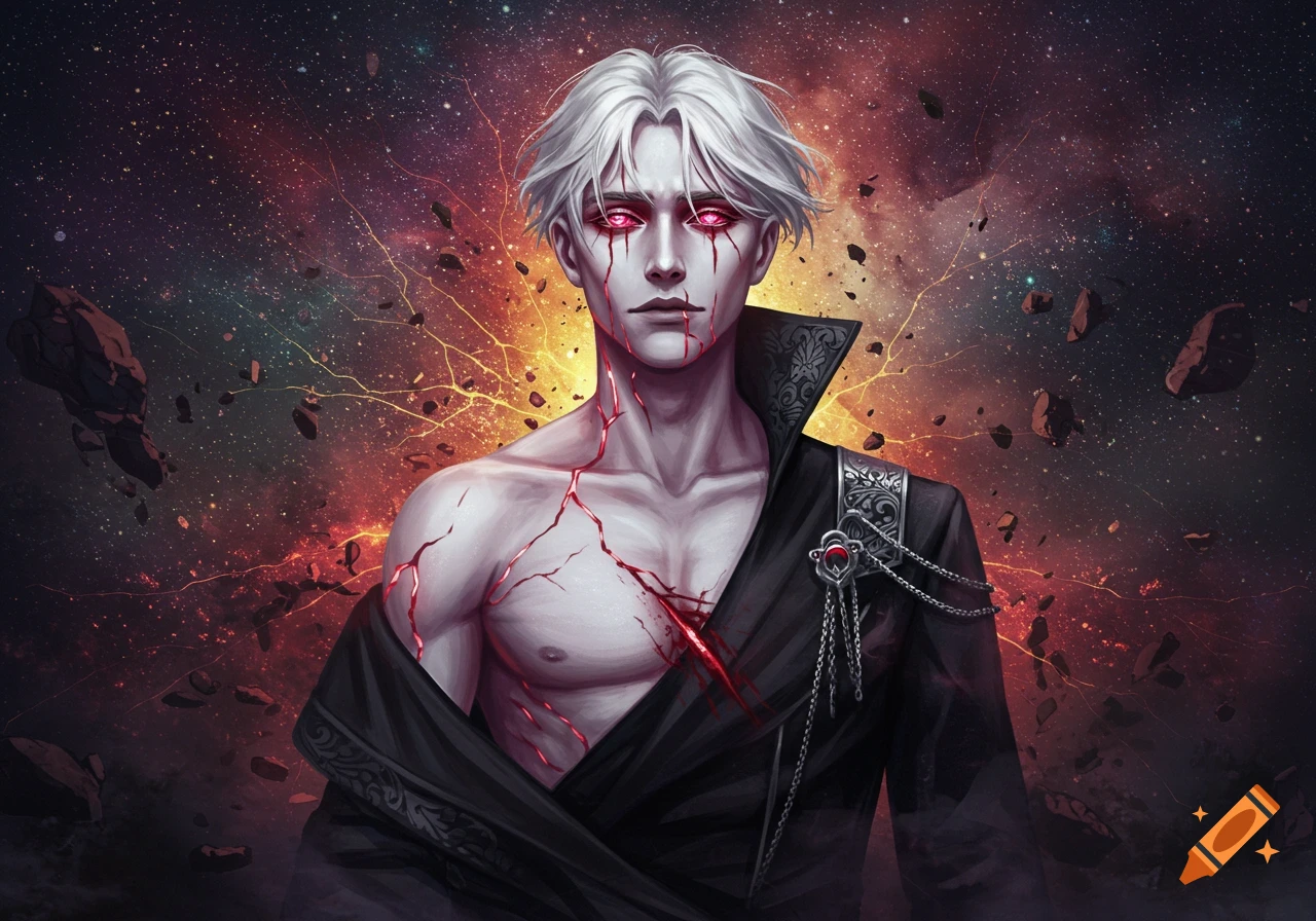A pale-skinned male figure with white hair, glowing red eyes, and red fracture lines on his chest, wearing a gothic coat against a cosmic background. Dark fantasy concept art.