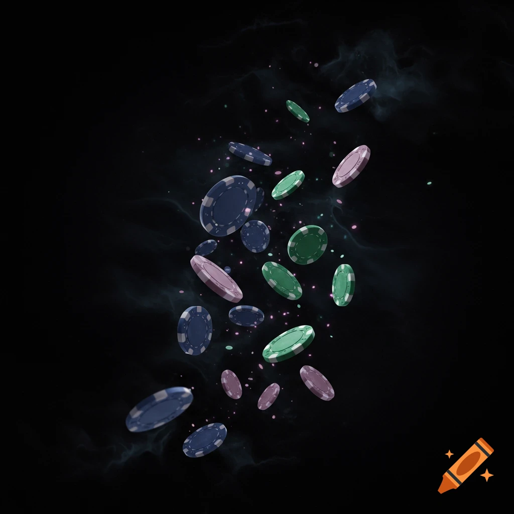 Blue, green, and pink poker chips float upwards against a dark, smoky background with glowing particles.