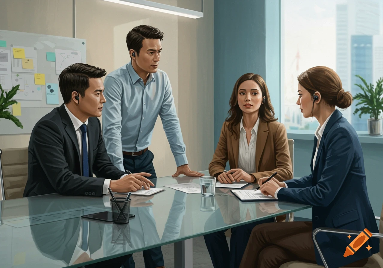 Four professionals, two men and two women, in smart business attire are gathered around a glass table in a modern meeting room, engaged in a serious discussion.