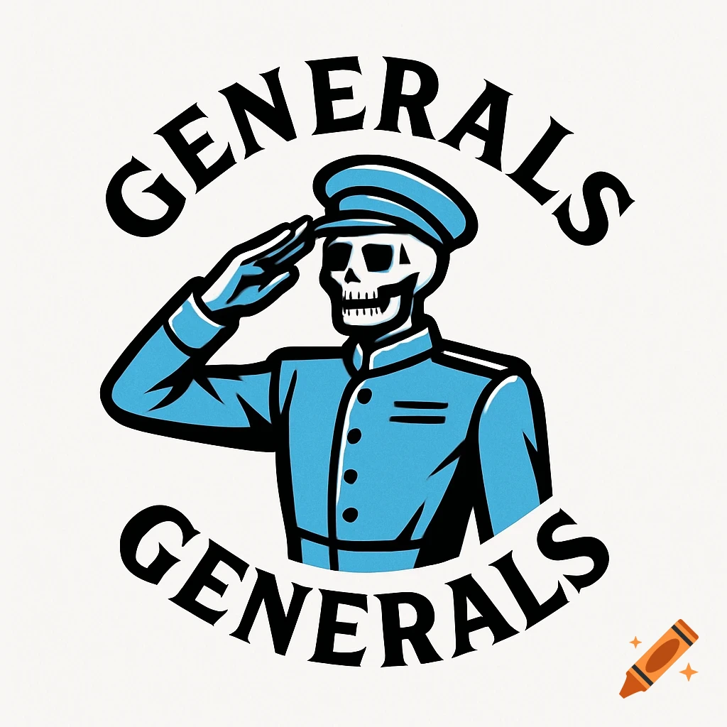 Stylized logo of a skeleton soldier in a light blue uniform saluting, with the word 'GENERALS' above and below.