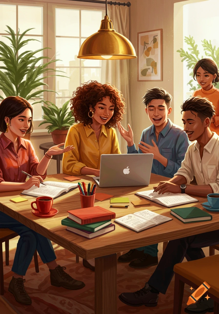 An illustration of a diverse group of young adults studying and socializing around a wooden table in a brightly lit room.