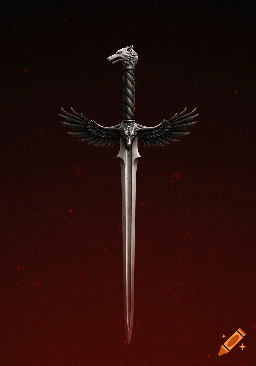 A fantasy sword with a wolf head pommel and raven wing crossguard on a dark red, speckled background.