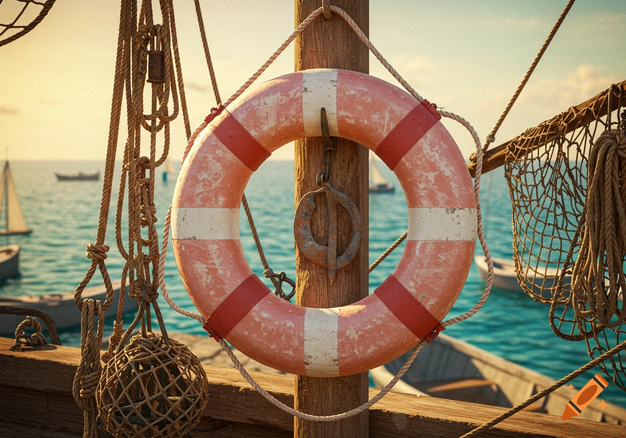 A vintage red and white lifebuoy hangs on a wooden post on a dock, with ropes, netting, and boats on the ocean in the background.