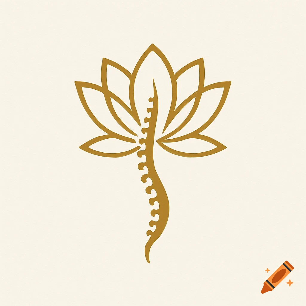 A golden minimalist logo featuring a lotus flower with a stylized spine as its stem on a cream background.