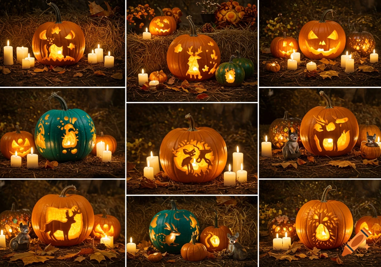 A grid of nine festive Halloween scenes with glowing carved pumpkins, candles, autumn leaves, and small animal figurines in a warm, dark setting.