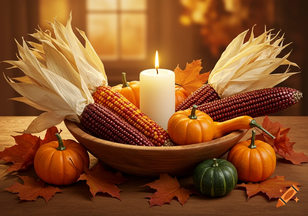 A rustic wooden bowl holds colorful Indian corn, small orange pumpkins, a green gourd, and dried maple leaves, with a lit white candle in the center, set against a warm, blurred autumnal background.