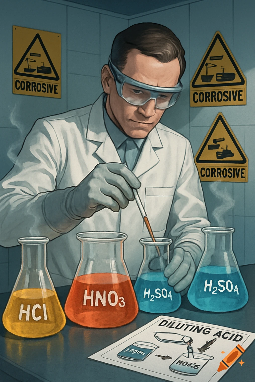 An illustrated male scientist in a lab coat, goggles, and gloves carefully pipettes liquid between beakers labeled with chemical formulas. Warning signs and a 'DILUTING ACID' diagram are visible.