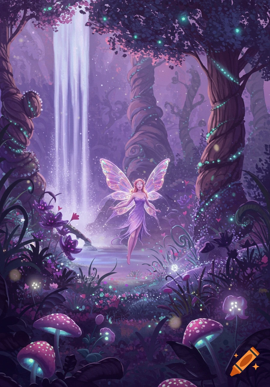 A glowing fairy with iridescent wings floats in a magical purple fantasy forest with a waterfall, twisted trees, and bioluminescent mushrooms.