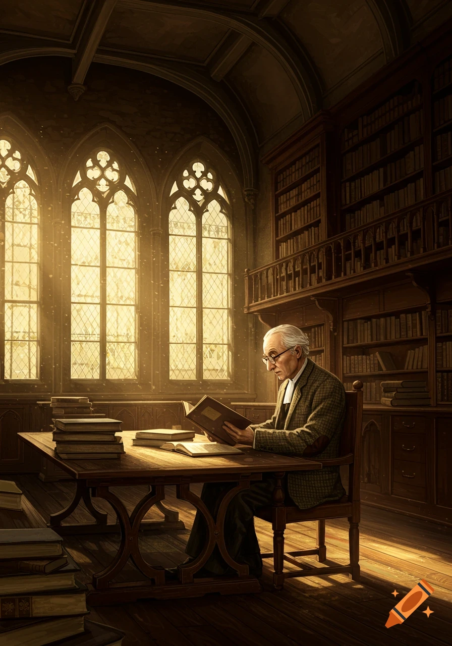 Elderly man reading a book at a table in a grand, sunlit library with gothic windows and bookshelves.