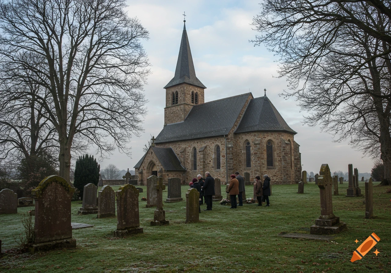 A stone church with a tall steeple stands in a frosty graveyard where several people are gathered. Bare trees frame the scene under an overcast sky.