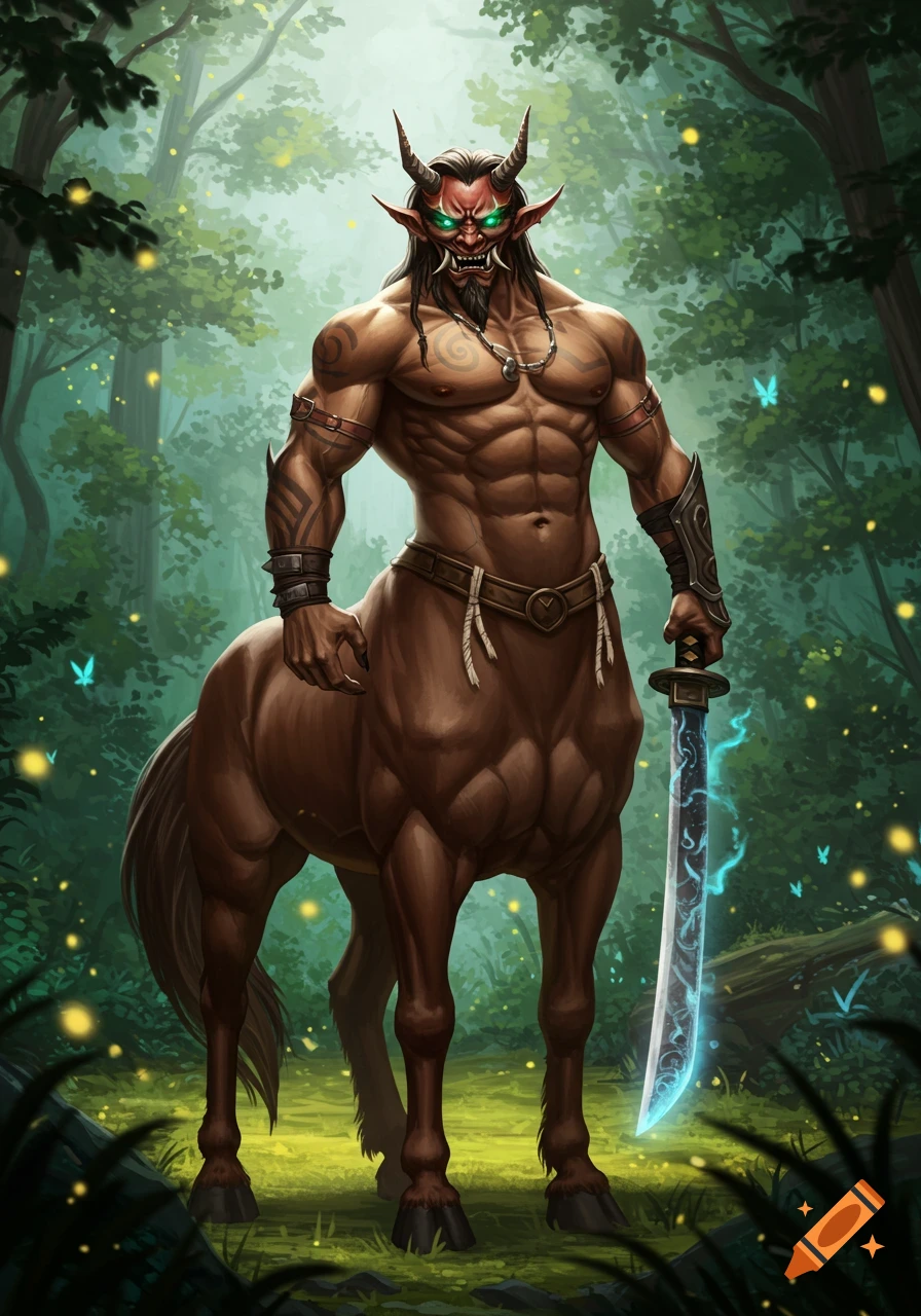 Muscular centaur-oni hybrid with red mask and glowing eyes holds a glowing sword in an enchanted forest.