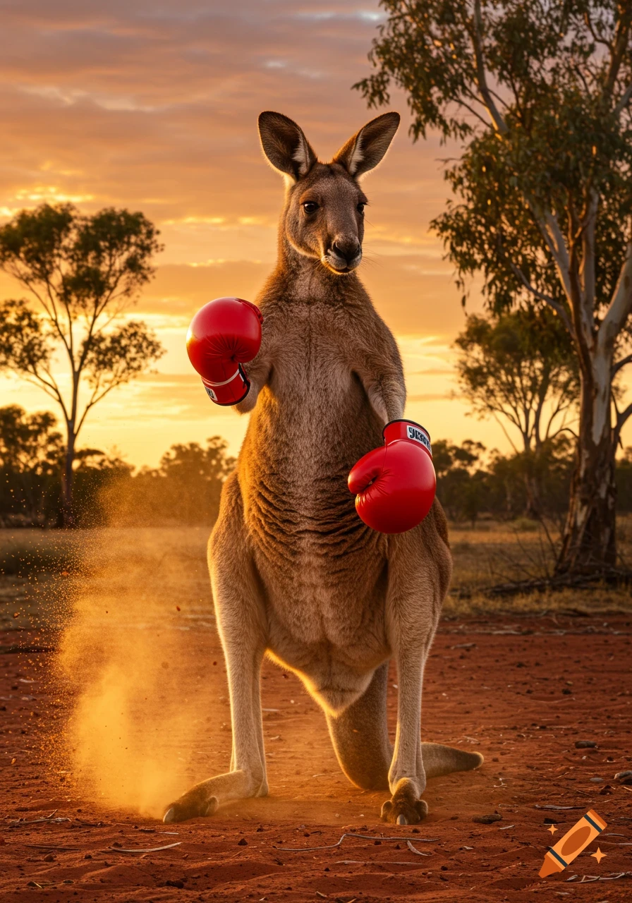 A photorealistic kangaroo stands on red dirt, wearing red boxing gloves, with dust rising from the ground against a vivid sunset sky.
