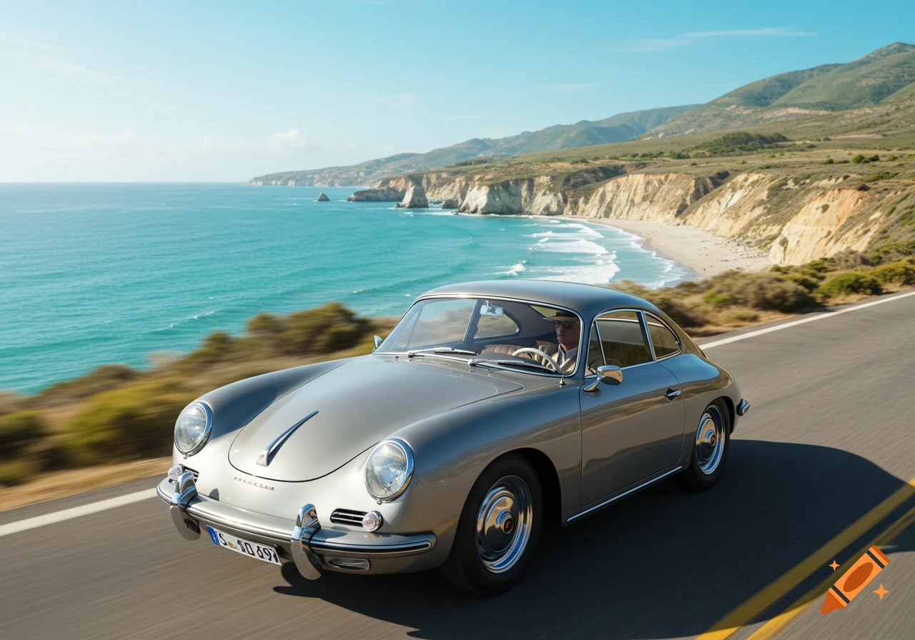A grey vintage Porsche drives along a sunny coastal highway with mountains and the ocean in the background.