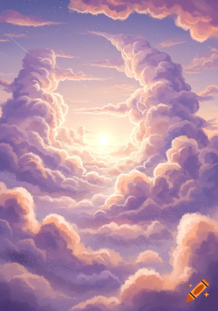 A stylized sky scene with fluffy purple, pink, and orange clouds forming a path towards a bright sun, with scattered stars.
