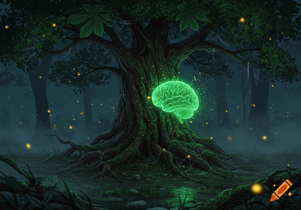 A glowing green brain floats beside a large, gnarled tree in a dark, mystical forest with fireflies, in a fantasy art style.