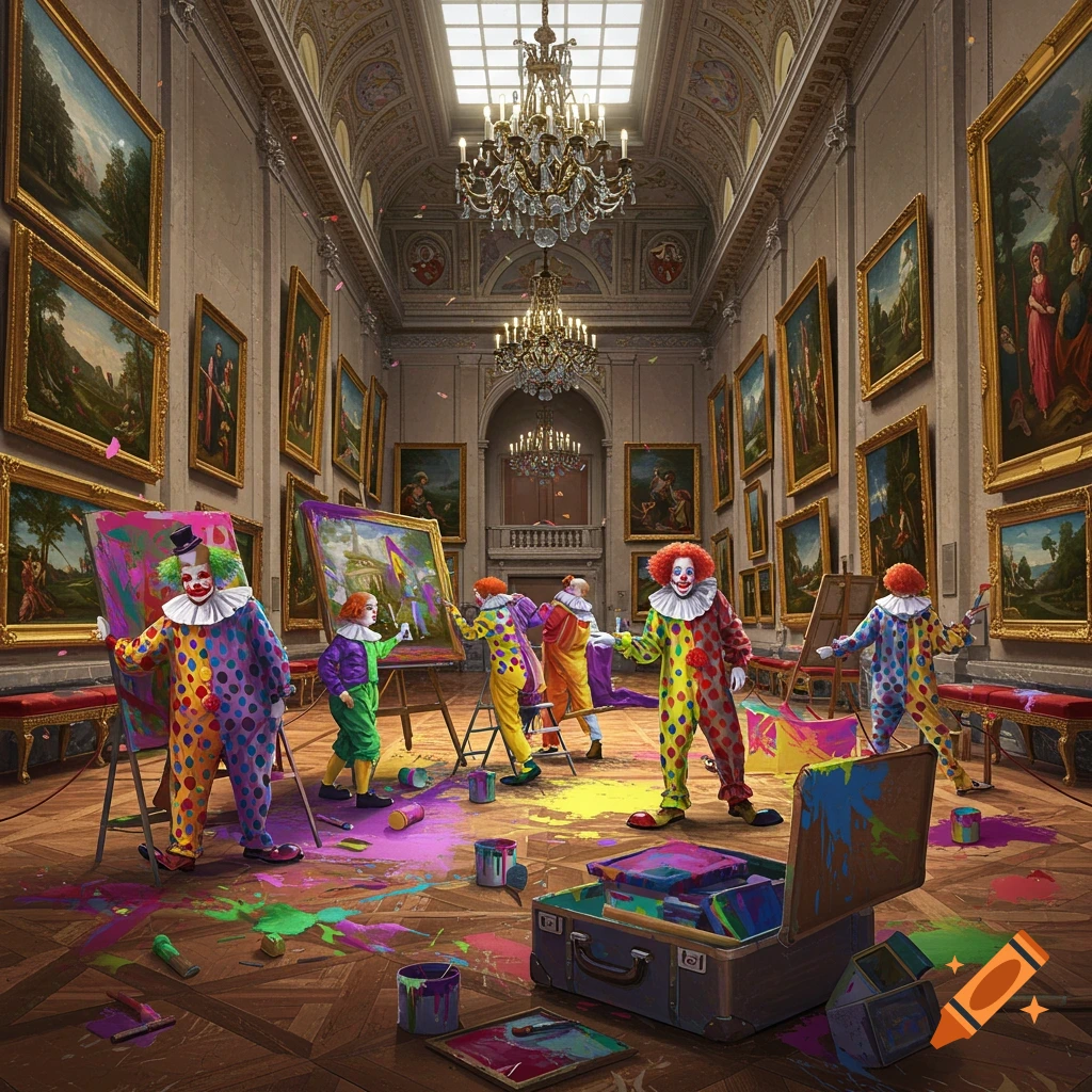 Clowns in colorful polka-dot suits painting and spilling vibrant paint on the floor of a grand, ornate art museum filled with framed paintings.