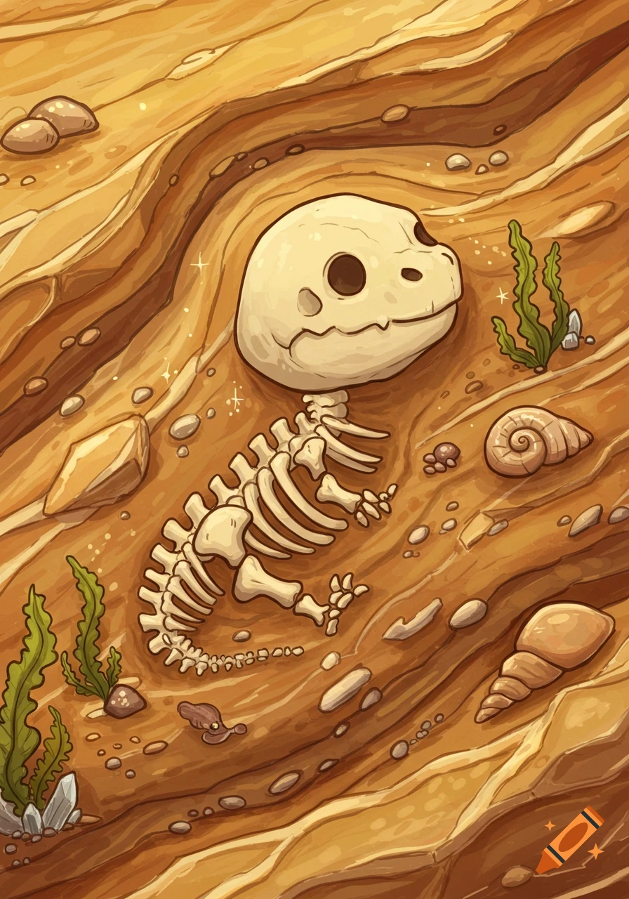 A cartoon illustration of a dinosaur fossil embedded in sandy earth with  rocks, seashells, and green seaweed. on Craiyon, image size:896x1280