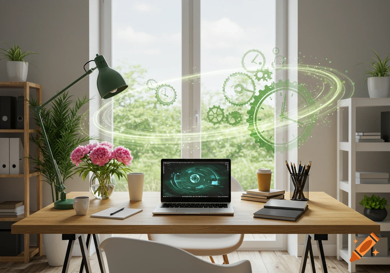 A photorealistic home office desk with a laptop, pink flowers, books, and coffee cups. Green glowing gears symbolize productivity.