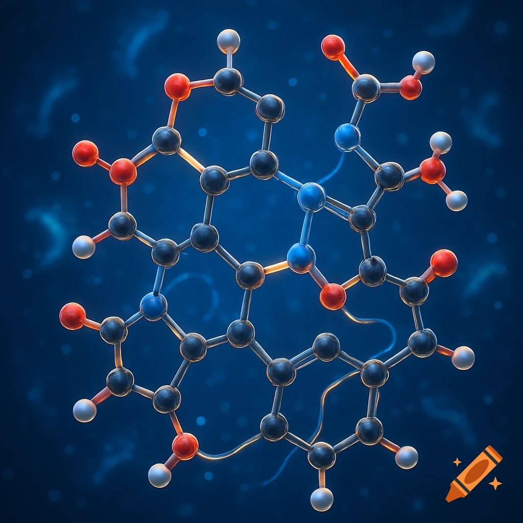A 3D rendering of a complex molecular structure featuring black, red, blue, and white atoms connected by grey bonds, set against a blurry blue background.