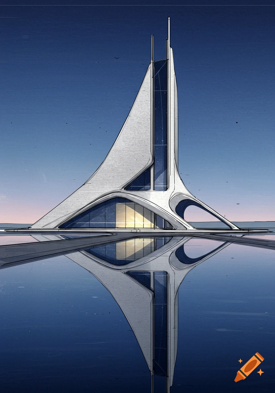 A conceptual architectural drawing of a modern, abstract white building with glass features, reflected in still water under a clear blue sky.