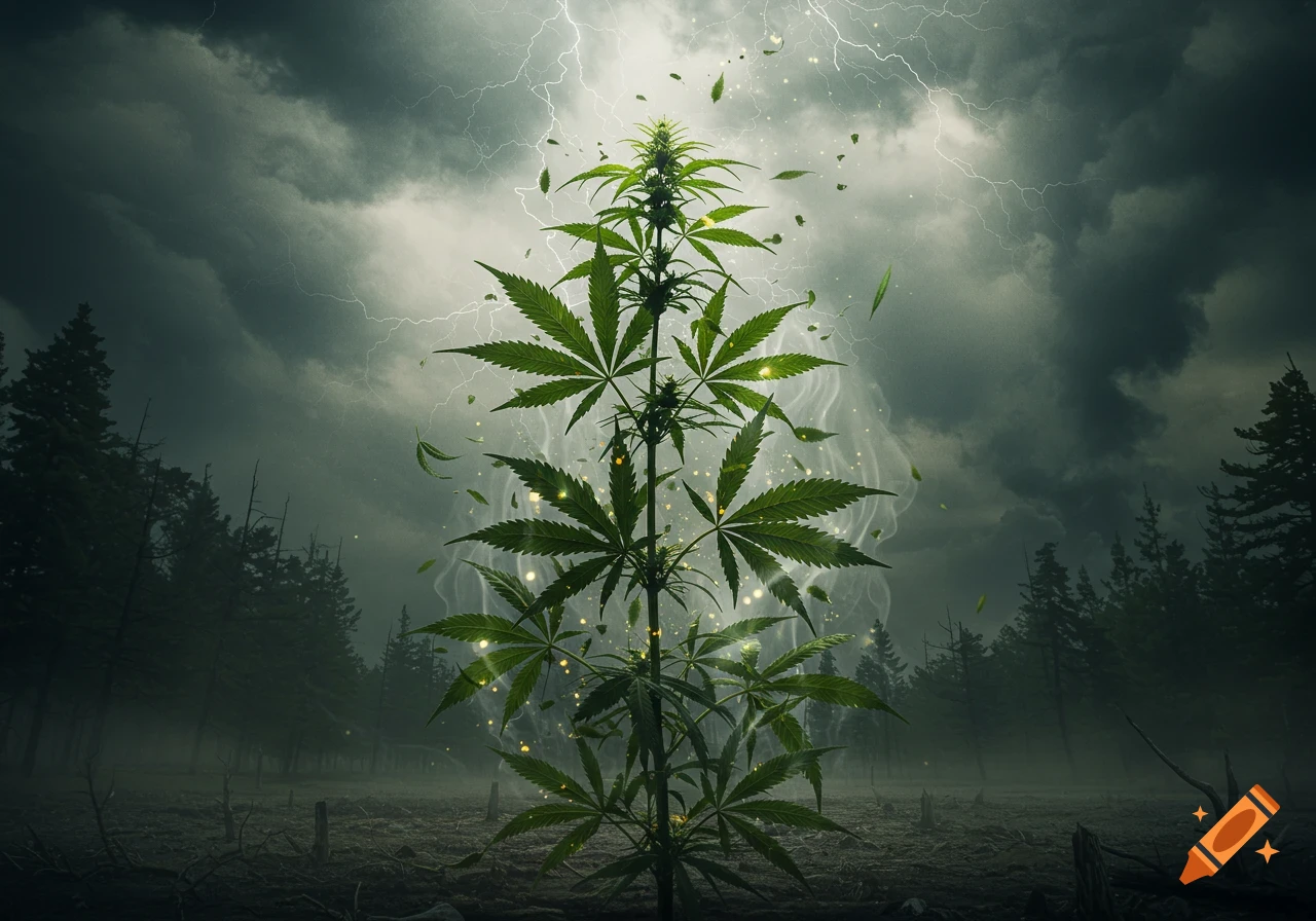 A cannabis plant with glowing leaves stands in a dark, stormy forest under a sky filled with lightning and dramatic clouds.