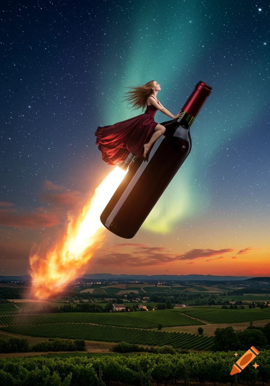 A woman in a flowing red dress rides a giant wine bottle rocket high above vineyards, with a fiery exhaust against a starry night sky with aurora.