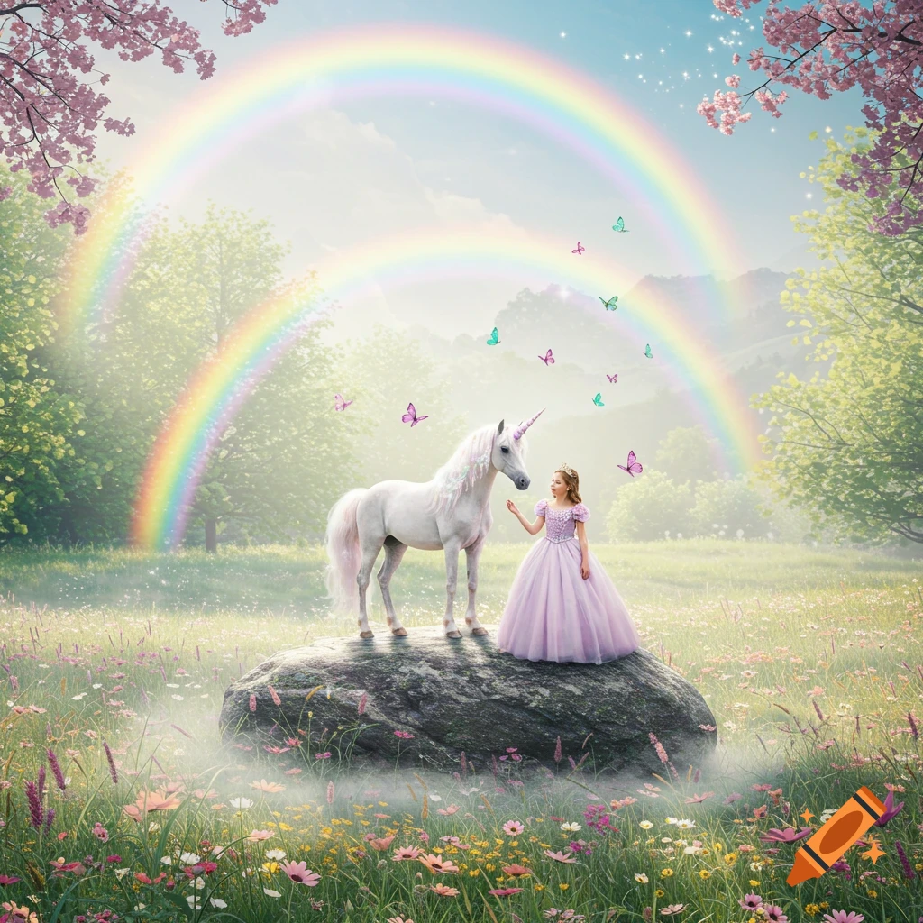A young girl in a lavender princess dress stands on a mossy rock next to a white unicorn in a field of wildflowers under a double rainbow.