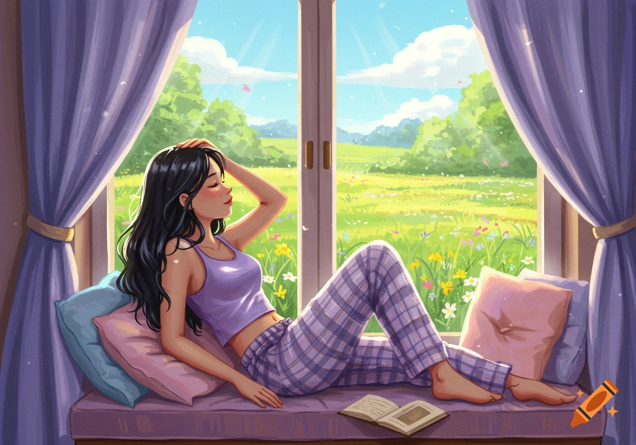 A stylized illustration of a woman with long black hair, wearing a purple crop tank top and plaid pajama pants, relaxing on a window seat and looking out at a sunny, green field with wildflowers.