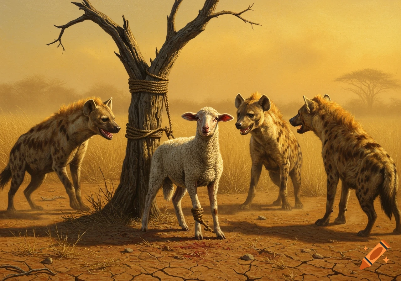 A white lamb tied to a barren tree is surrounded by three hyenas in a dry, sunlit savanna landscape, rendered in a realistic style.