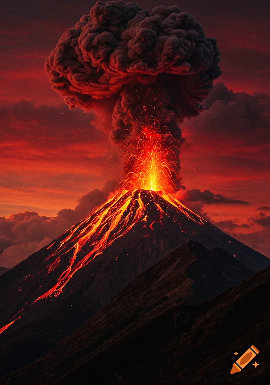 A dramatic volcanic eruption with bright orange lava flowing down the mountain and a huge, dark smoke cloud against a fiery red sky.