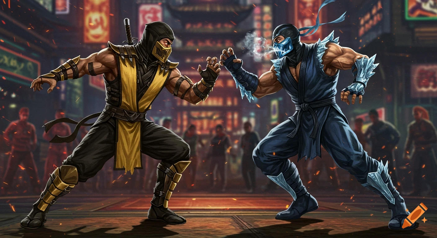 Scorpion and Subzero from Mortal Kombat facing off in a dynamic fighting stance on a dark, illuminated city street stage.