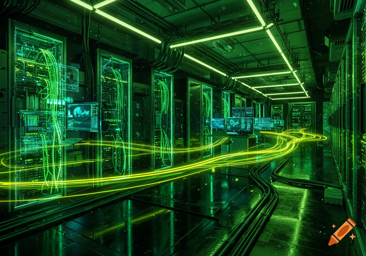 A neon green and yellow futuristic data center with server racks and glowing data lines flowing across the floor.