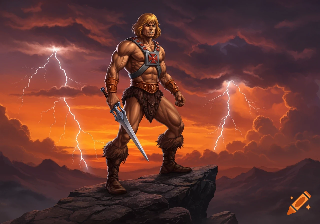 He-Man stands triumphantly on a rocky peak, holding his sword against a stormy orange and purple sky with lightning.