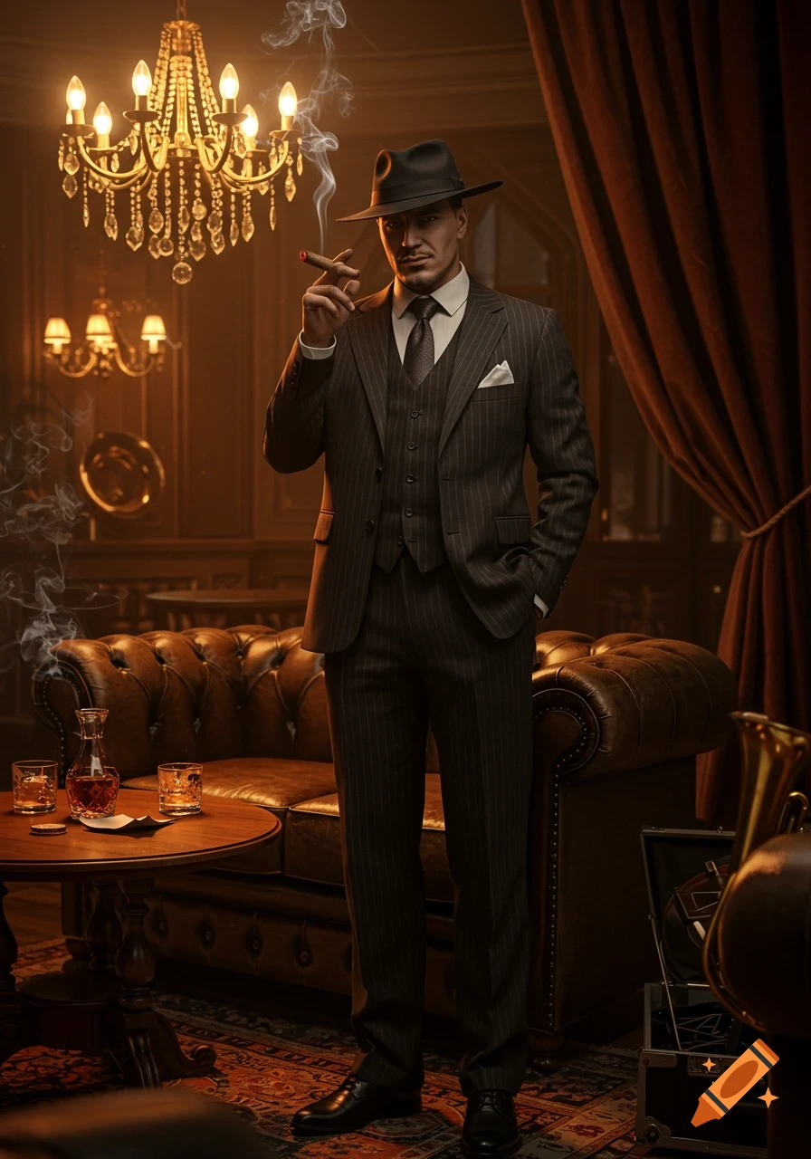 A photorealistic image of a man in a pinstripe suit and fedora, smoking a cigar in a luxurious, dimly lit vintage room.