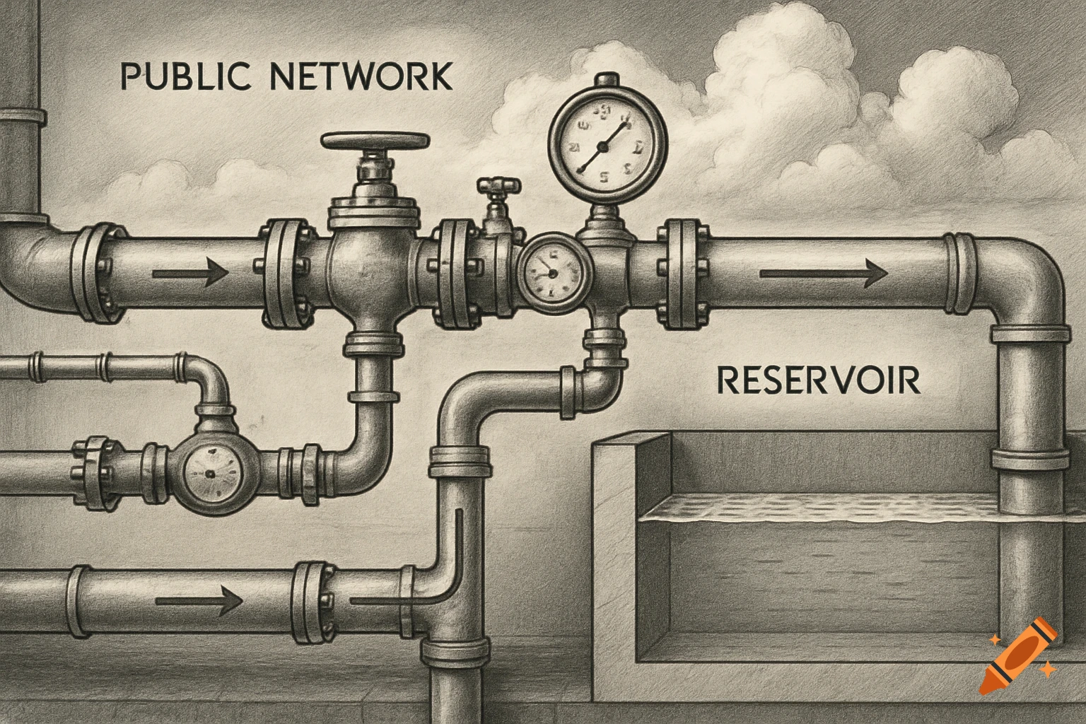 Pencil drawing of a water distribution system with pipes, valves, gauges, and a reservoir labeled 'PUBLIC NETWORK' and 'RESERVOIR'.