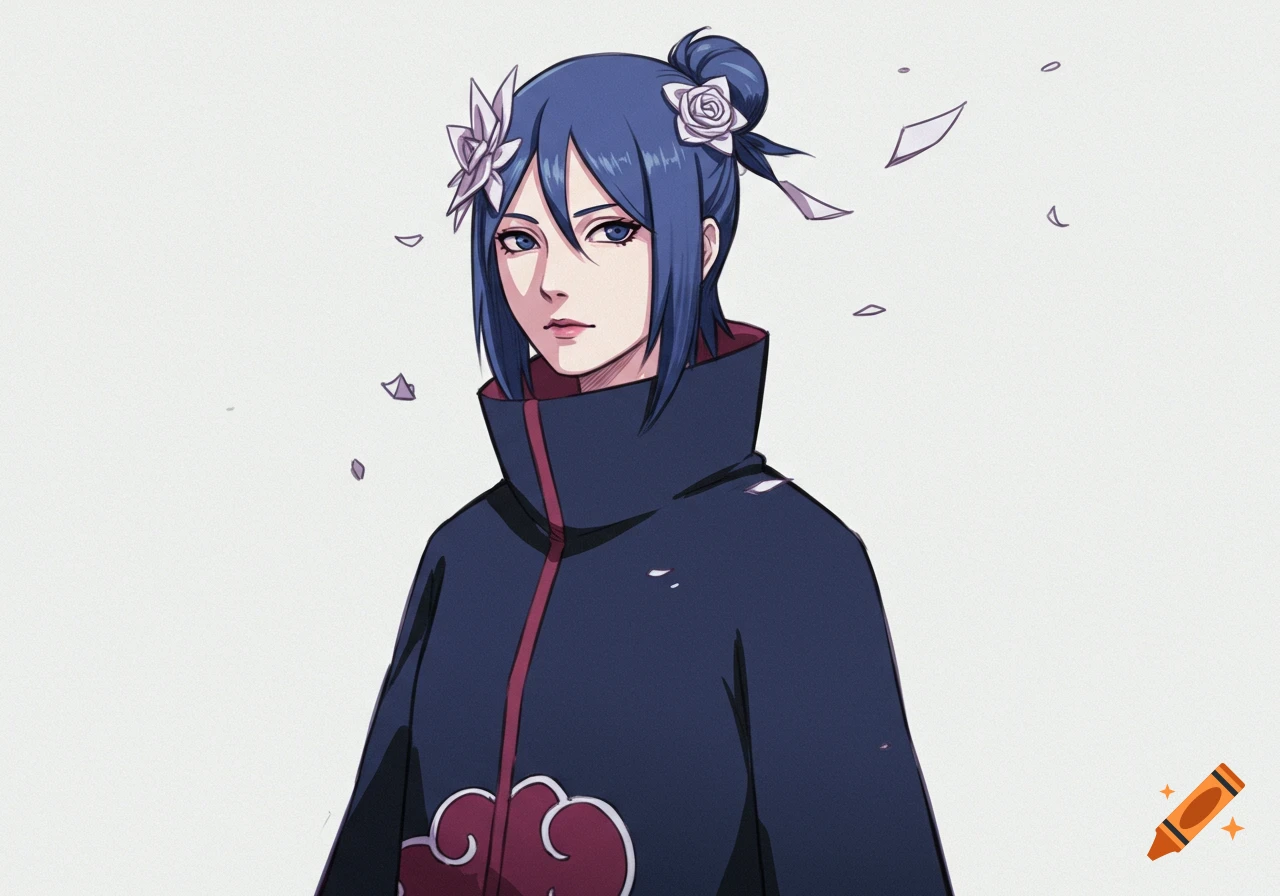 Anime illustration of Konan from Naruto, with blue hair, paper flowers, and a dark cloak with a red cloud symbol, on a light background.