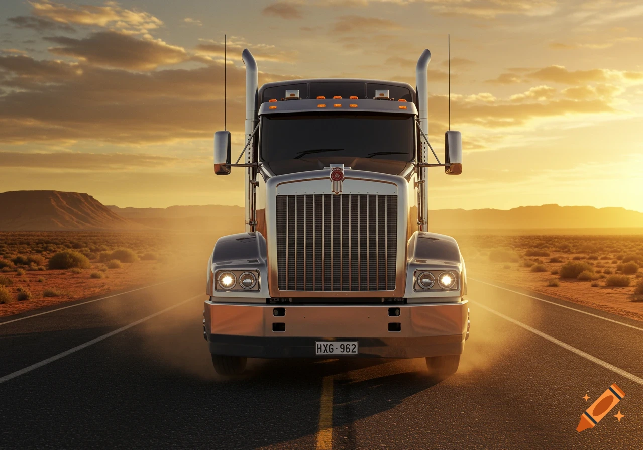 A large, chrome semi-truck drives directly towards the viewer on a desert highway at sunset, with dust trailing behind.